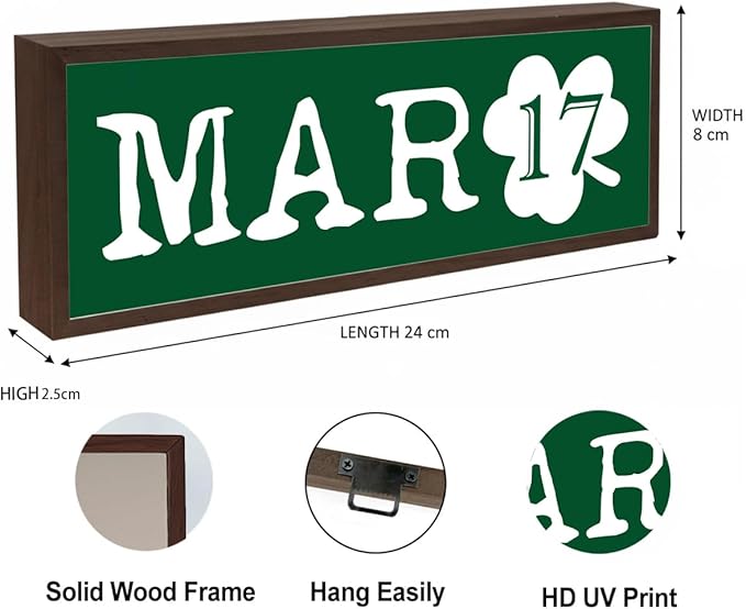 March 17 Table Sign, Lucky Clover Home Decor, St Patricks Day Wooden Tabletop Decors, Shamrock Wooden Box Signs for Home Decor, Decorative Framed Wall Art, 9.5x3.1x1 inches
