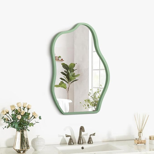 Green Irregular Hanging Wall Mirror Wooden Framed Modern Asymmetrical Mirrors for Wall Artistic Decorative Mirror Wall Decor Mirrors for Bedroom Bathroom Living Room Small 16"x12"