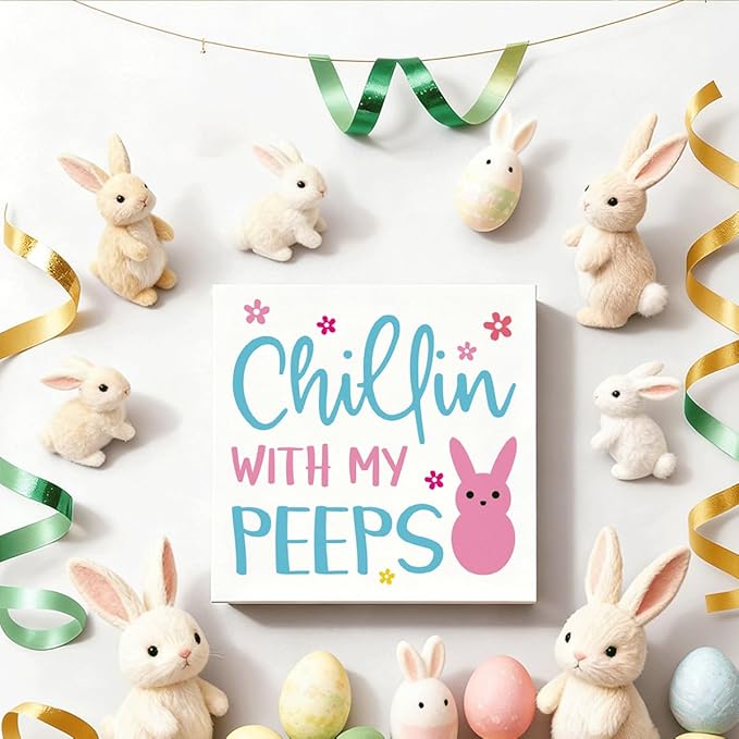 Easter Decorations for Home Chillin With My Peeps Wooden Sign, Funny Bunny Spring Porch Decor, Easter Desk Table Decorations, Farmhouse Front Door Wall Plaque, Holiday Party Supplies