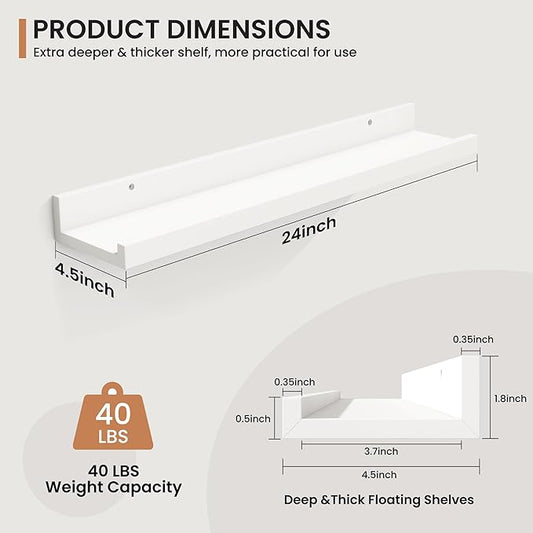 Fun Memories Picture Ledge Shelves Set of 2, 24 Inch Rustic Wall Mounted Floating Shelves with Lip for Home Storage and Décor in Bathroom, Kitchen, Nursery, Bedroom, Living Room, White