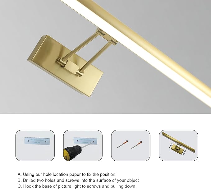 Picture Light, 16 inches Art Light, Picture Light Battery Operated,3CCT Picture Lights for Wall,Battery Operated Wall Lights,Gallery Light for Wall,Photo,Library (Plating Brass Gold)