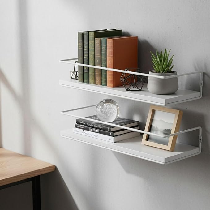 Floating Bathroom Wood Shelves Set of 2 Wall Mounted Shelf with Black Metal Frame and Towel Rack for Bathroom Over Toilet Storage and Organizers for Bedroom Living Room Kitchen Office(White)