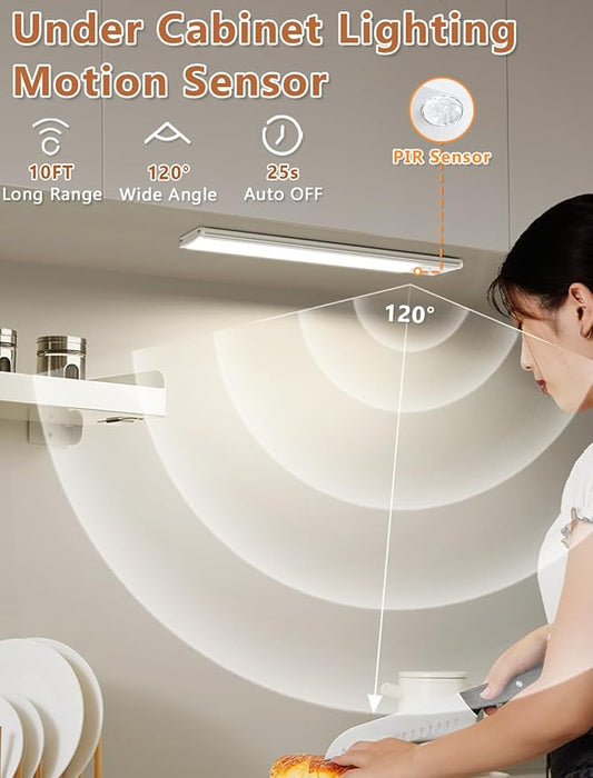 Under Cabinet Rechargeable Lighting: 12 Inch Motion Sensor Dimmable Lights Indoor - Battery Operated Lights - Wireless Closet Light Magnetic Led Light for Kitchen Home Bathroom Counter 3 Pack