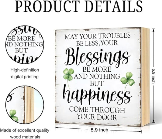 May Your Troubles Be Less And Your Blessings Be More Wood Block Plaque Box Sign for Home Living Room Coffee House Bar Shelf Table Office Decoration, Irish Blessing Decor Gifts for Family