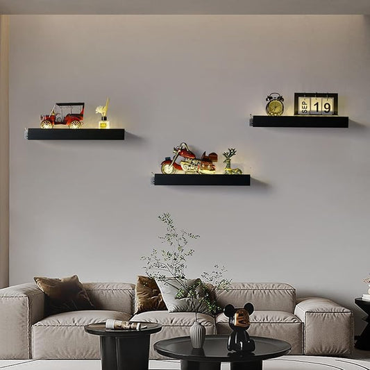 Floating Shelves with Invisible Brackets & Strip Lights, Protective Front Lip, Black Wood Wall Shelves Set of 3, Mounted Bookshelf, Bedroom, Bathroom, Living Room, Kitchen
