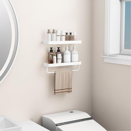 Danpoo 16-Inch White Floating Bathroom Shelves with Towel Bar, Clear Tempered Glass Wall Shelf 2-Pack – Versatile Bathroom Organizer Set
