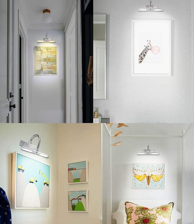 BIGLIGHT Battery Operated LED Picture Light with Timer and Dimmer, Rotatable Light Heads with 3 Lighting Modes, Remote Controlled Display Lamp for Painting Portrait Art, 8.8", Silver