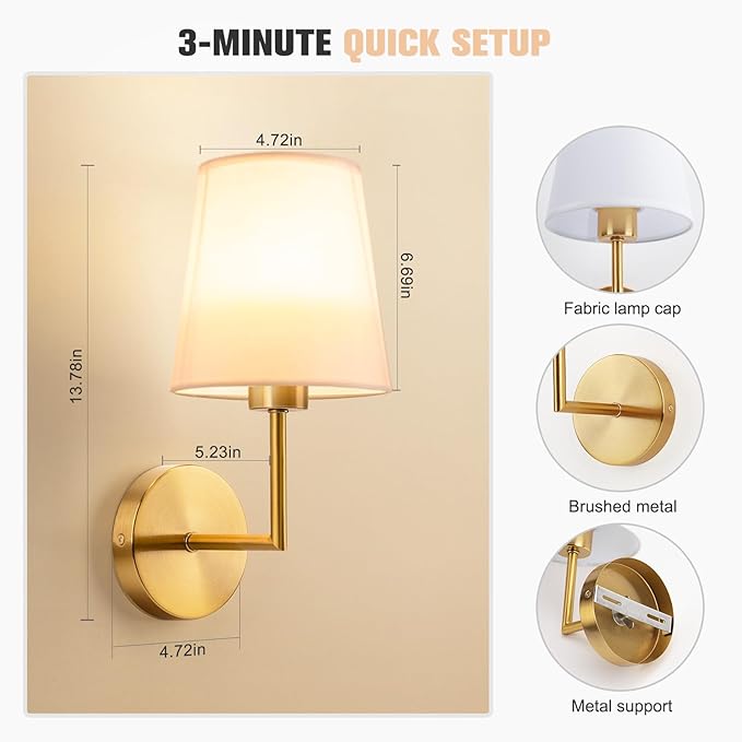 VOLISUN Battery Operated Wall Sconce Set of Two,Gold Wireless Sconces Set of 2 Rechargeable,Battery Operated Wall Lights for Bedroom Living Room Hallway(9 Colors)