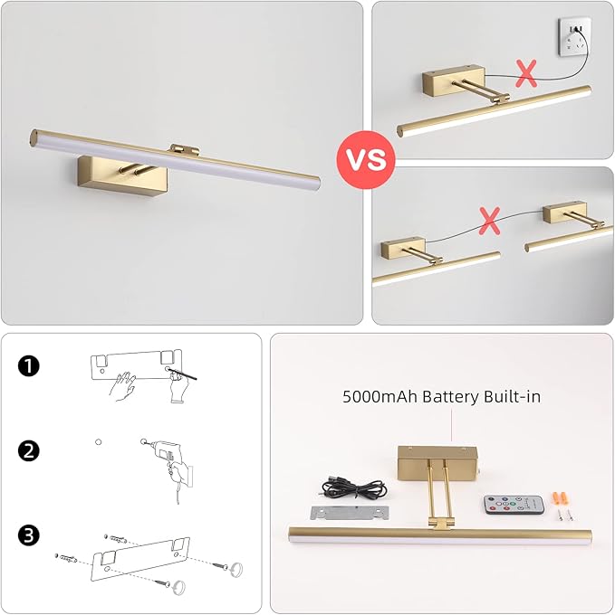 Picture Light,16inches Rechargeable Wireless Picture Light,Dimmable Led Artwork Lighting,Wall Lights for Paintings,Canvas,Gallery, Portrait (Brass)