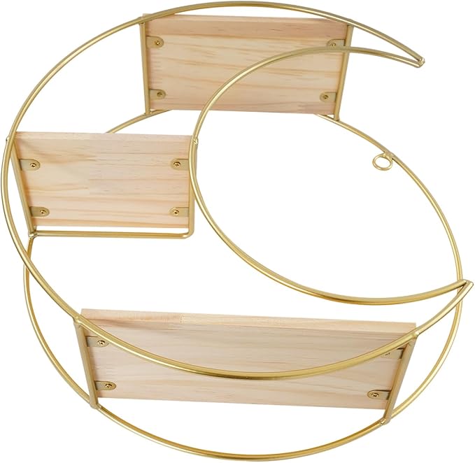 Floating Shelves Wall Mounted, 3-Tier Storage Display Rack Storage Display Rack Metal Wall Mount Display Organizer Holder for Home Decor,Gold (1, Round+ Moon)