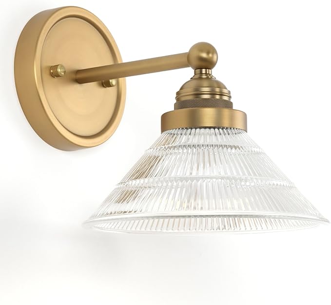 HEQIQEH Vintage Battery Operated Wall Sconce with Clear Ribbed Glass Shade, Dimmable Cordless Wall Lamp with Remote Control for Indoor Bedside, Hallway, Porch, Kitchen, Vanity Bathroom(1-Pack)