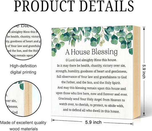 A House Blessing Wood Block Plaque Box Sign for Home Living Room Coffee House Bar Shelf Table Decoration, Housewarming Christian Decor Gifts for Women Mom Wife Sister Hostess Friends