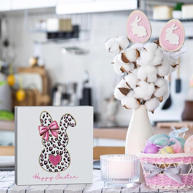 Pink Happy Easter Sign Easter Table Decor Leopard Print Bunny Decor Blue And White Chinoiserie Decor Wooden Box Sign for Home Office Bedroom Living Room Desk Shelves