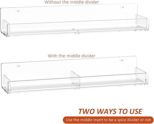 15 Inch Acrylic Spice Rack Wall Organizer Set of 3, Clear Wall Shelf for Home Organizer, Bottle Display, Jars, Spice, Wine, Books, Toiletries, 3 Pack