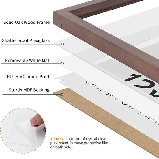 puthiac 12x12 Solid Oak Wood Picture Frame, Fits 8x8 with Mat or 12x12 Without Mat, Wall Display Only, Plexi Front, 3 Pack, Walnut
