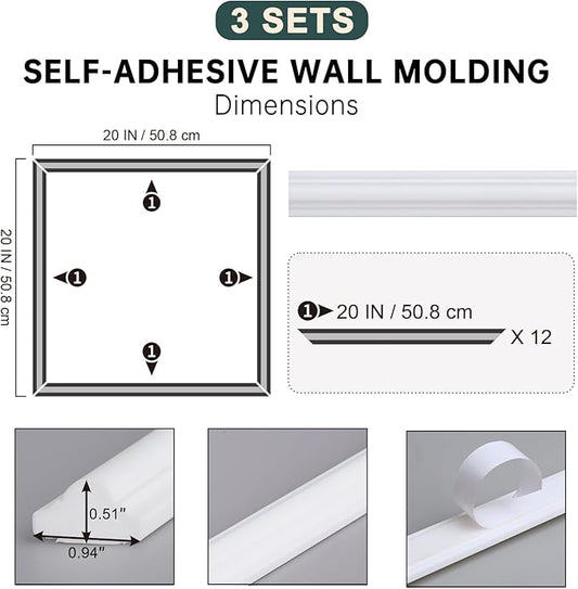 Melkus Peel and Stick Wall Molding Kit, 3 Sets 20" x 20"Precut Wainscoting Panels, Self Adhesive Molding Trims for Interior Wall Décor