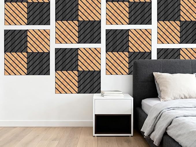 WoveN SounD Artisan Acoustic Wall Panels, 16 Pack 12x12 Inch, Wood Veneer Carved Sound Proof Wall Decor, Self-Adhesive for Home, Studio, Office & Focus Zones, Twill Pattern, Black Oak