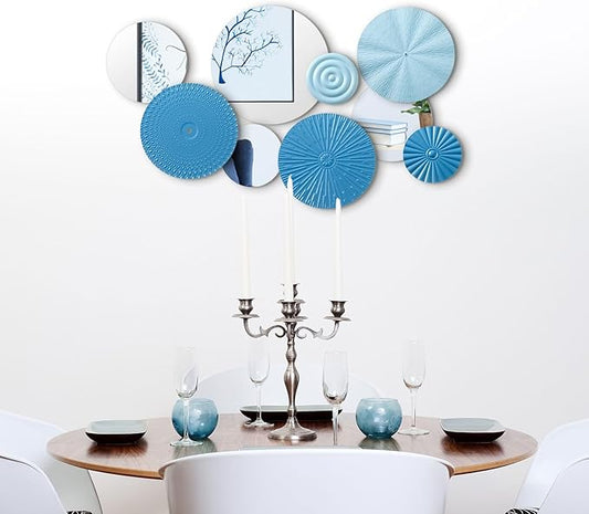 Blulu 9 Pcs Blue Mirror Wall Decor Metal Round Home Art Decor Decorative Modern Circle Mirror Wall Art Sculpture Hanging Decorations for Home Living Room Office