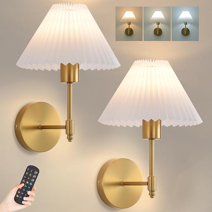 Battery Operated Wall Sconces Set of 2, Gold Rechargeable Wall Lights with Remote, Dimmable Wall Lamp with Pleated Shade,15 Colors Wireless Bathroom Wall Sconce for Bedroom Living Room Hallway