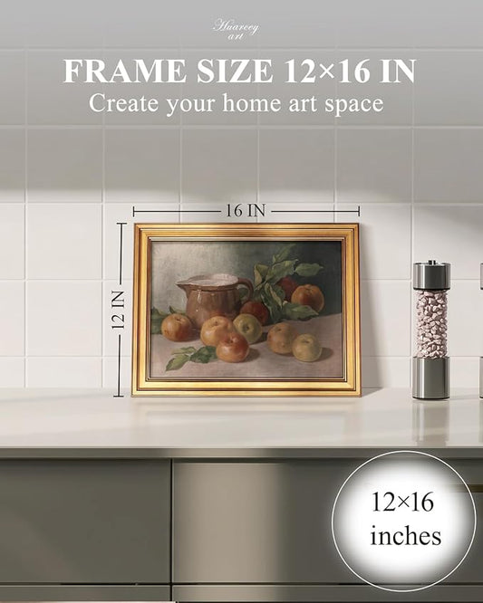 HUARCEY Gold Framed Vintage Wall Art for Living Room, Harvest Apples Still Life Oil Painting Artwork Shelf Decor Abstract Wall Pictures Prints, Farmhouse Fruit Room Decor Bedroom Kitchen Bathroom
