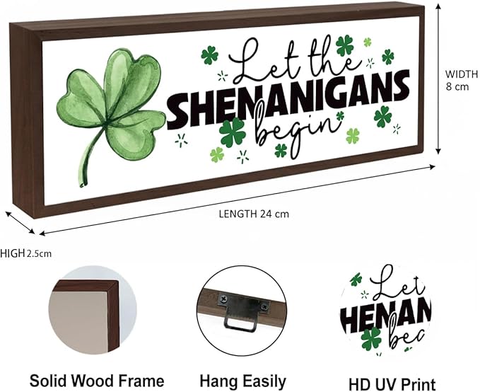 Funny St. Patrick's Day Decor, Funny St Patricks Day Decorations, Irish Holiday Decors, Home Decor for Desk Table Shelf, Let the Shenanigans Begin Sign, 9.5x3.1x1 inches