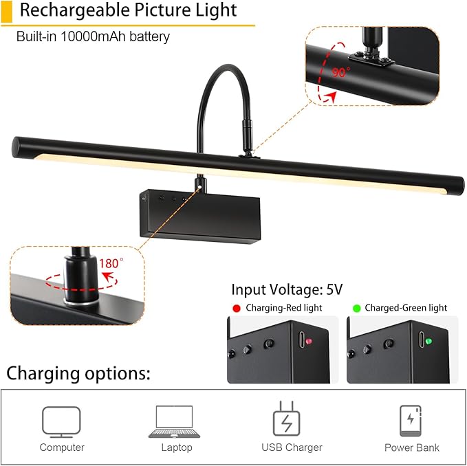 Battery Operated Picture Light with Remote, 24 inch Wireless Rechargeable Art Light with Timer, Dimmable 3CCT Gallery Lighting for Paintings, Portraits, and Canvas (Black)