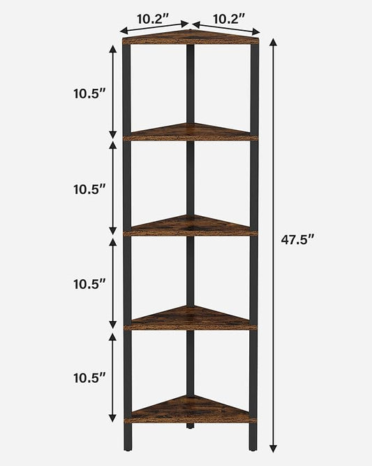TUTOTAK Corner Shelf, 5-Tier Corner Bookshelf for Small Space, Narrow Display Corner Shelf Stand with Storage Rack, for Living Room, Bedroom, Rustic Brown BS05BB005