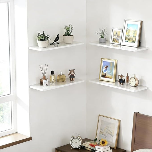 Acrylic Shelves for Bathroom Storage, 12" Floating Shelves Wall Organizer for Perfume, Make up, Skincare, Kids Bookshelf for Bedroom, Nursery, Living Room Decor, White, 2 Pack