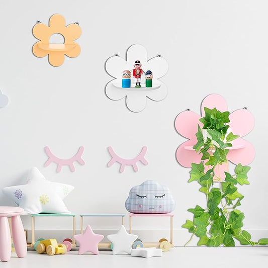 Soaoo 3 Pcs Daisy Flower Floating Shelves, Wooden Boho Daisy Plant Shelf, Wall Mounted Display Stand, Hanging Display Flower Decor for Living Room Bathroom Bedroom(Pink,White,Yellow)