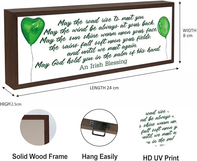 Irish Prayer Sign, Green Wood Signs, Rustic Framed Desk Decor, St.Patrick's Day Wooden Box Sign for Home Bedroom Office Shelf Table Decor, Irish Blessing Signs Gift, 9.5x3.1x1 inches