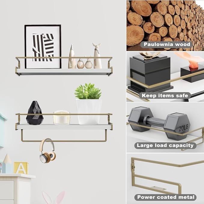 Wall Decor Floating Shelves, Home Decor with Towel Bar/Hooks, Wall Shelves for Bathroom/Living Room/Kitchen/Bedroom, (Gold-White) Floating Bathroom Shelves