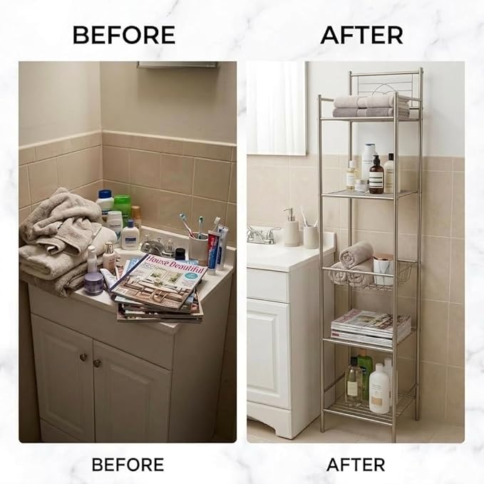 Bath Bliss 5 Tier Storage Shelf | 13"x 11.6"x 58.5" | Freestanding | Bathroom Storage | Rust Resistant | Easy Assemble | Satin
