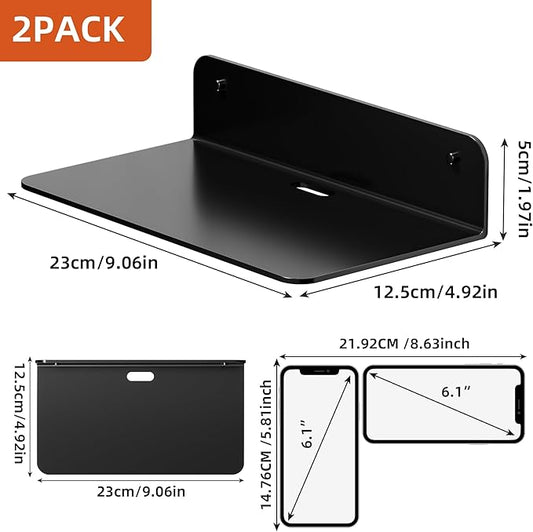 Small Adhesive Wall Shelves, 9" Metal Floating Shelf with Cable Hole, Display Ledge for Photo Frame, Figurine, Small Craft, Electronics, (Black, 2 Pack)