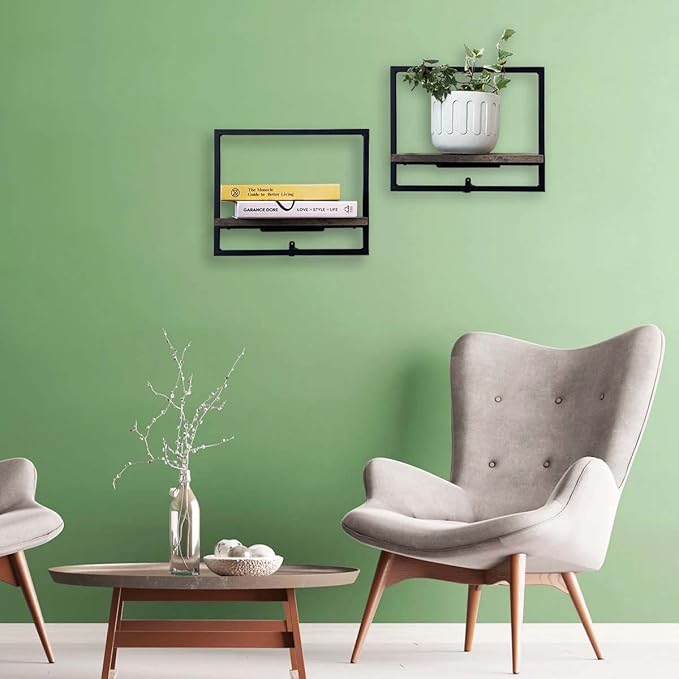 Cocoyard Set of 2 Floating Shelves. Rustic Wall Mounted Display Shelf for Livingroom Bedroom Bathroom, Art Deco, and Plants. Metal Wood Finish Wall Mounted Shelves