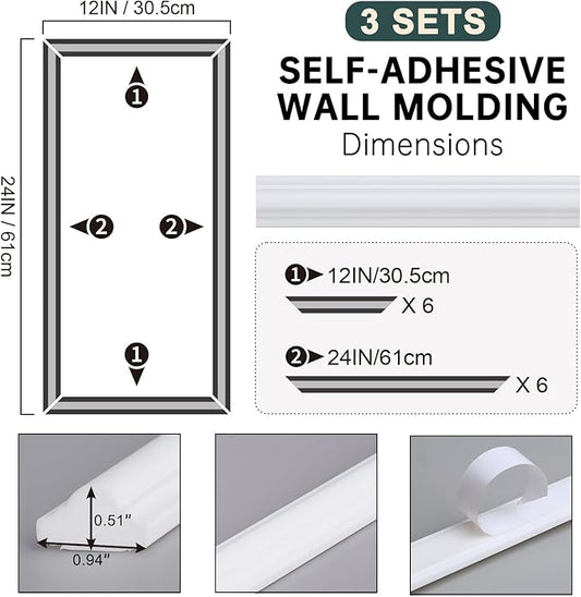 Melkus Peel and Stick Wall Molding Kit, 3 Sets 12" x 24" Precut Wainscoting Panels, Self Adhesive Molding Trims for Interior Wall Décor