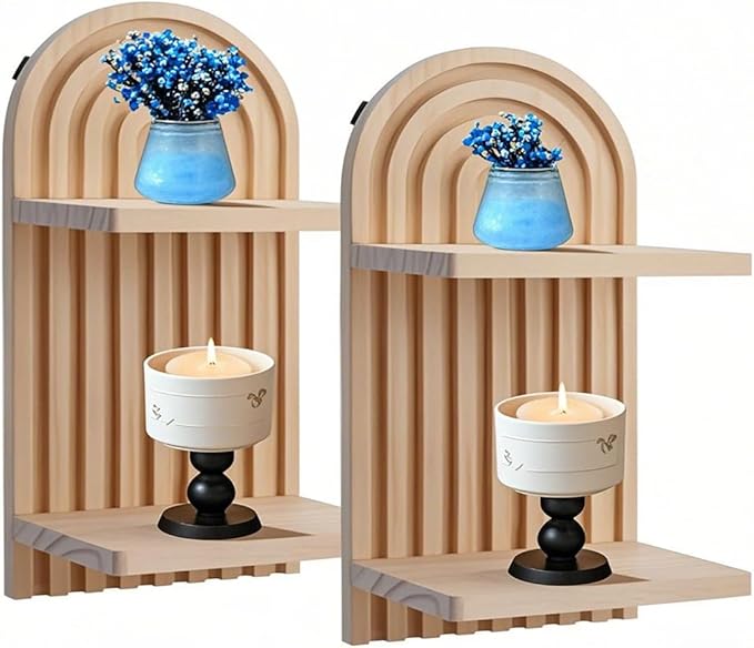 2 Pack Wooden Arched Wall Shelves, Mid-Century Modern Bohemian Style Double Layer Floating Shelves, Wall Mounted Display Shelves for Living Room, Bedroom, Nursery and Office Decor