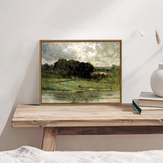 OIQArtOIQ Framed Vintage Landscape Wall Art Lake Natural Scenery Oil Painting Canvas Prints Country Farmhouse Decor Aesthetic Pictures for Kitchen Bedroom Living Room Bathroom