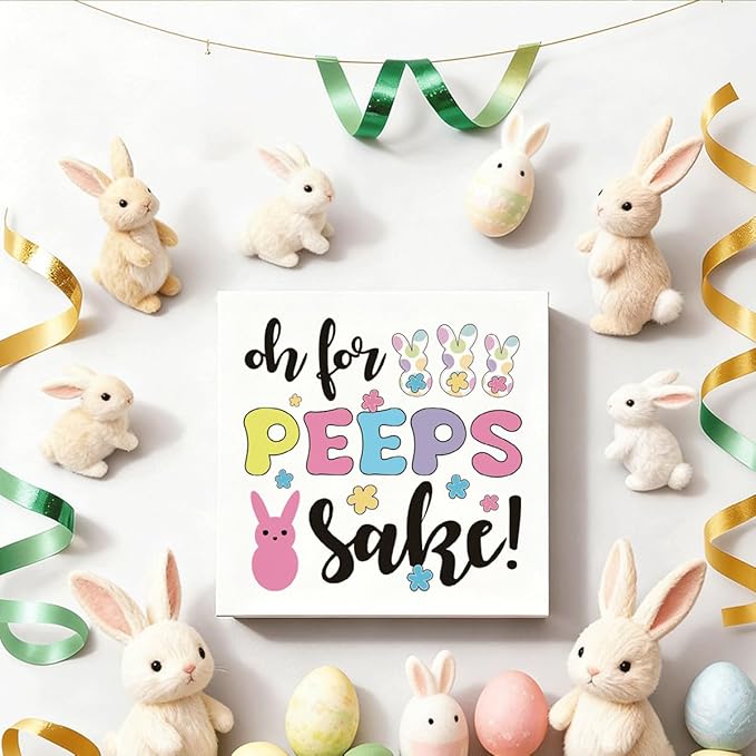 Easter Decorations for Home Funny Bunny Wooden Box Sign, Oh For Peeps Sake Easter Decor, Rustic Easters Desk Decorations, Easters Office Decor for Work Spring Farmhouse Shelf Plaque
