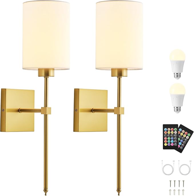 Battery Operated Wall Sconce Set of Two, Wireless Rechargeable Wall Light with Remote Control, Dimmable, 4 Color Temperatures, RGB, Timer, for Living Room,Bedroom,Entryway, Gold, 20.6 Inch