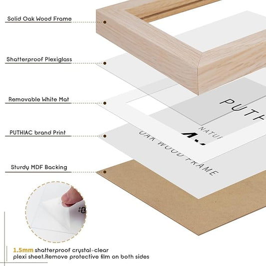 puthiac 4x6 Solid Oak Wood Picture Frame, Fits 3x5 with Mat or 4x6 Without Mat, Wall or Tabletop Display with Stand, Vertical or Horizontal, Plexi Front, 1 Pack, Natural Oak