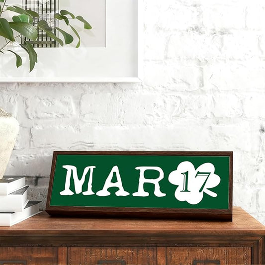 March 17 Table Sign, Lucky Clover Home Decor, St Patricks Day Wooden Tabletop Decors, Shamrock Wooden Box Signs for Home Decor, Decorative Framed Wall Art, 9.5x3.1x1 inches