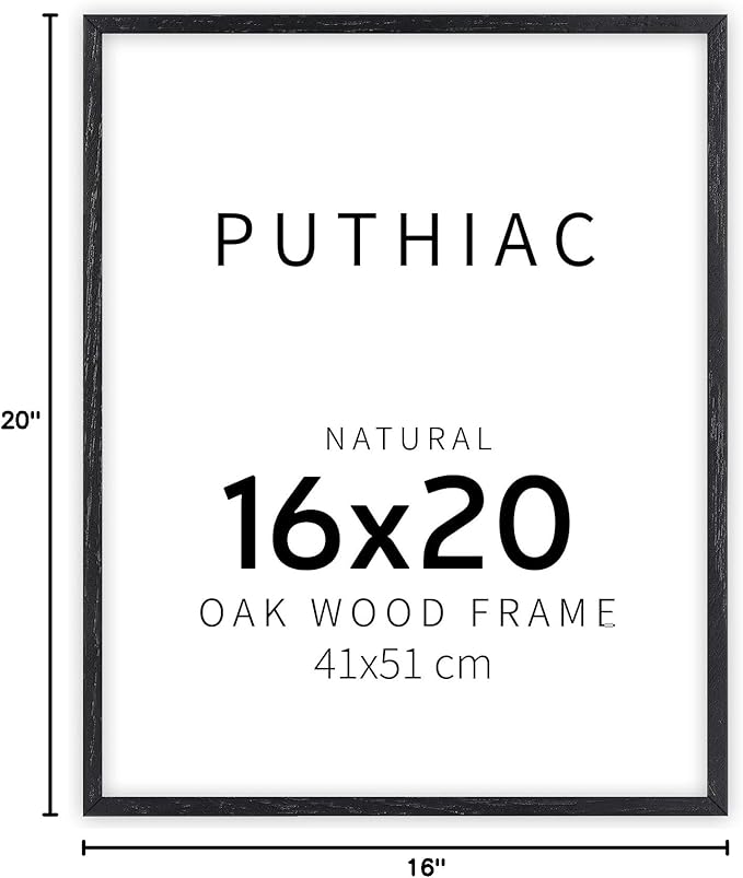 puthiac 16x20 Solid Oak Wood Picture Frame, Fits 12x16 with Mat or 16x20 Without Mat, Wall Display Only, Vertical or Horizontal, Plexi Front, 1 Pack, Black