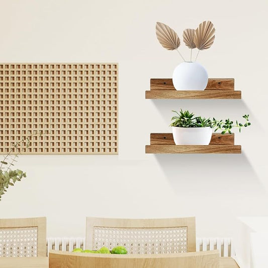 Z metnal Mini Floating Shelves, Small Natural Wooden Display Wall Shelf for Picture Ledge, Natural Color, Wall Mounted, 12 x 5.5inch, 2 Pack