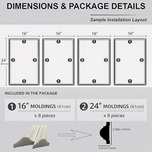 Peel and Stick Wall Molding Kit, Pre-Cut Mitered Picture Frame Molding for Wall (16" x 24"), DIY Wainscoting Wall Trim, Paintable Rigid PS Trim, 4 Panels, White