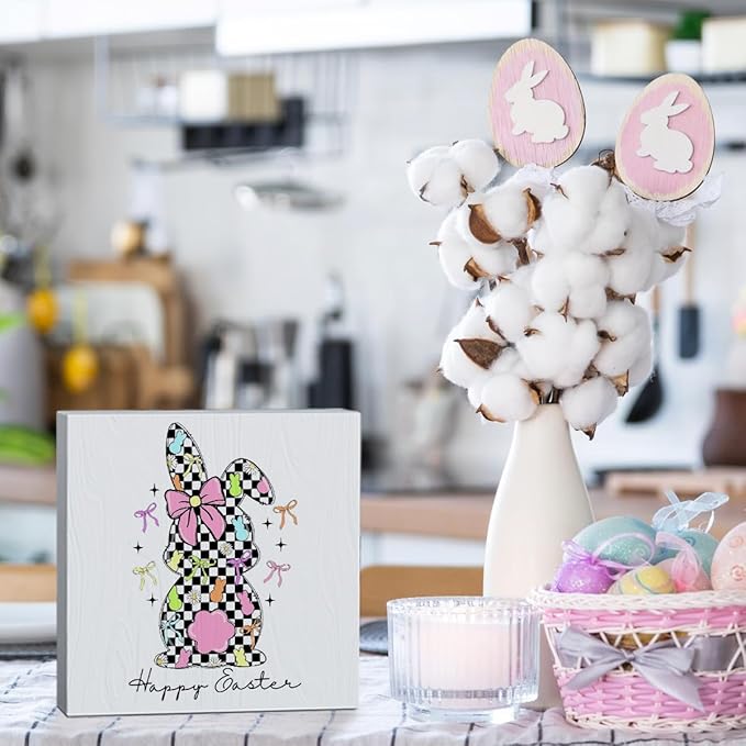 Happy Easter Sign Easter Table Decor Checkered Bunny Decor Blue And White Chinoiserie Decor Wooden Box Sign for Home Office Bedroom Living Room Desk Shelves