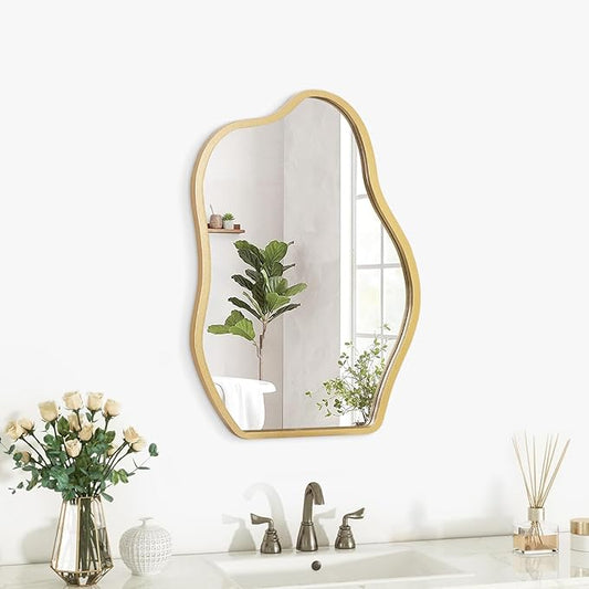 Gold Mirror for Wall Decor Cute and Stylish Unique Wooden Framed Wall Mirror Asymmetrical Vanity Artistic Cloud Mirror Decorative for Living Room Bedroom Bathroom Entryway