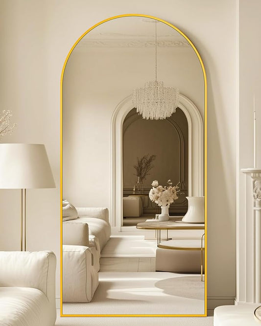 Full Length Mirror with Stand, 71"x32" Arched Full Body Mirror, Large Stand Up Mirrors, Aluminum Frame Floor Standing Mirrors, Freestanding Hanging Leaning Mounted for Bedroom Living Room, Gold
