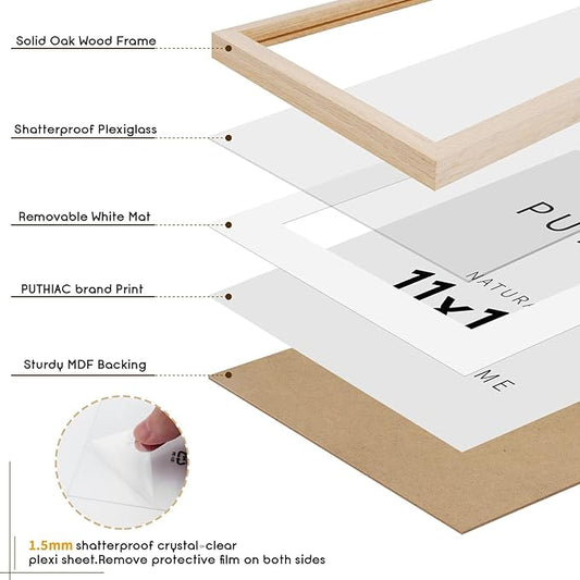 puthiac 11x17 Solid Oak Wood Picture Frame, Fits 8x12 with Mat or 11x17 Without Mat, Wall Display Only, Vertical or Horizontal, Plexi Front, 3 Pack, Natural Oak