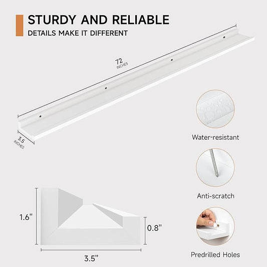 Floating Picture Ledge Shelves for Wall Set of 2, 72 Inches Picture Ledge Shelf with Long Large Nursery Book Shelf for Toys Storage Kids Bookshelf Wall Mounted Living Room Bedroom Decor Frames, White