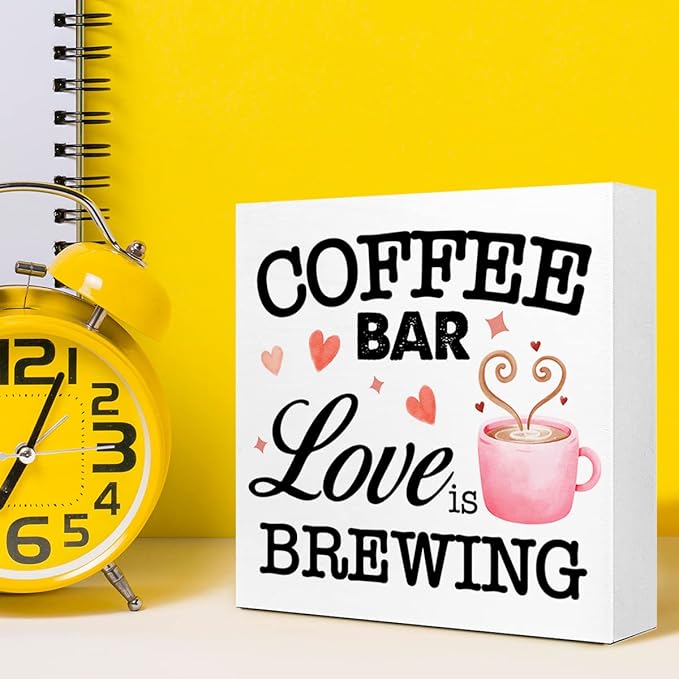 LVQHI Funny Kitchen Wood Block Signs,Coffee Bar Love is Brewing Wooden Box Sign for Home Shelf Bedroom Tabletop Desk Decor,Rustic Kitchen Office Cafe Sign Decor